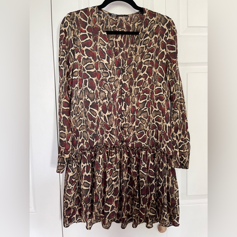 Zara Snake Printed Dropped Waist Mini Black Red Tan Dress